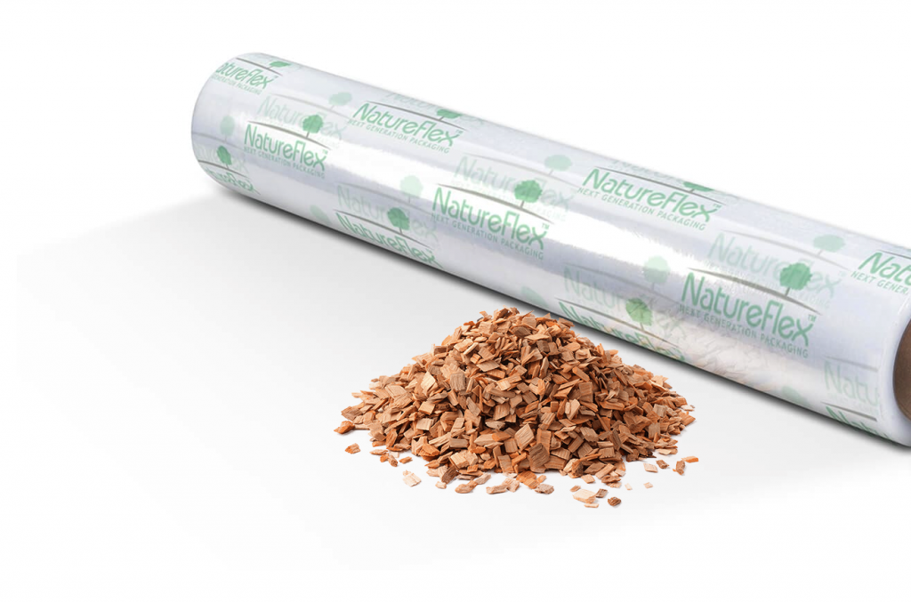 A roll of NatureFlex laminate and a small pile of woodchips
